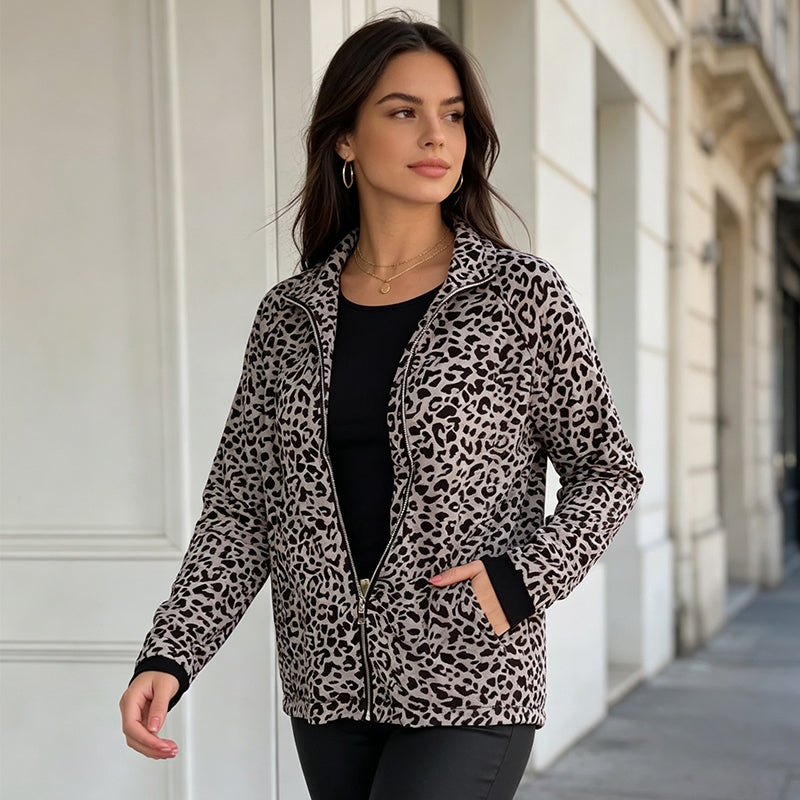 Women'S Leopard Print Zip-Up Jacket mysite