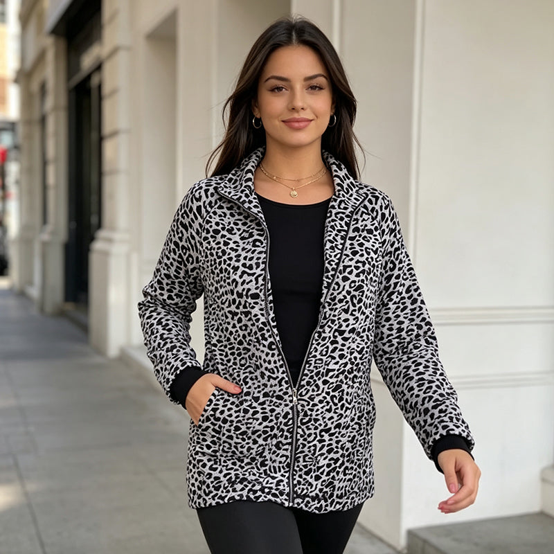 Women'S Leopard Print Zip-Up Jacket mysite