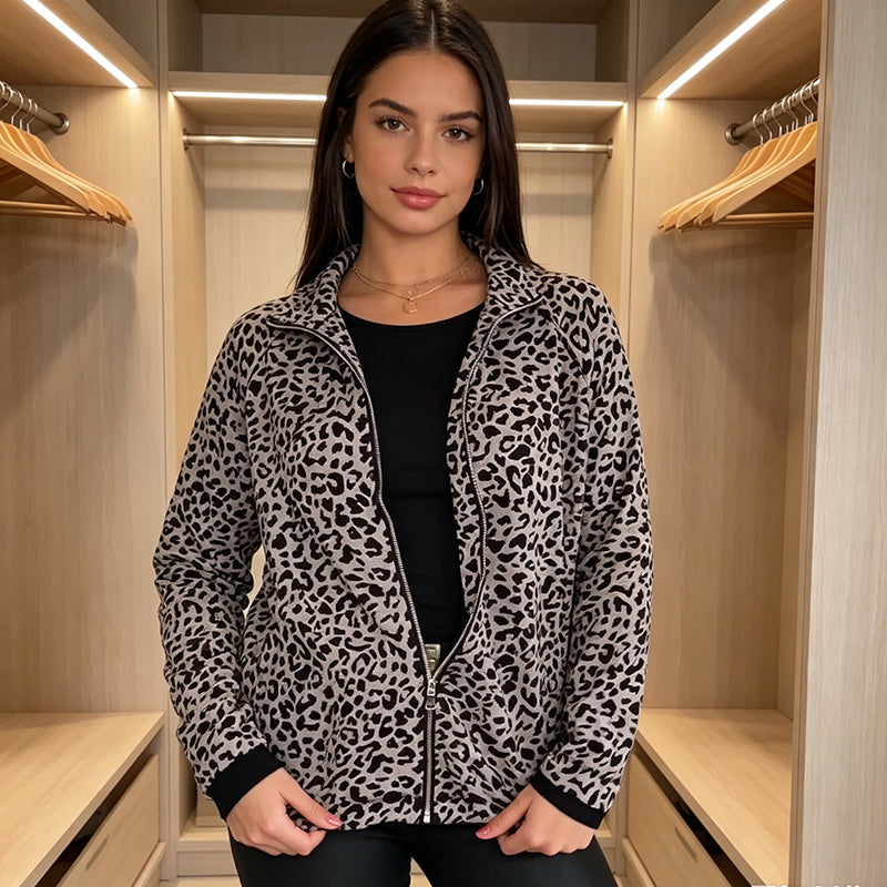 Women'S Leopard Print Zip-Up Jacket mysite