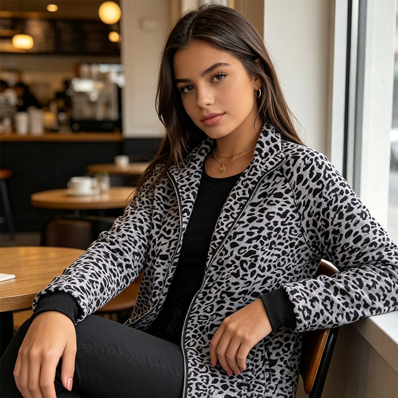 Women'S Leopard Print Zip-Up Jacket mysite