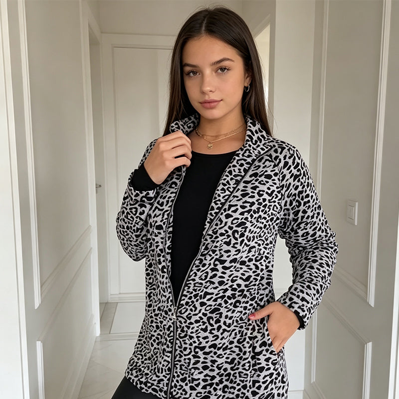 Women'S Leopard Print Zip-Up Jacket mysite