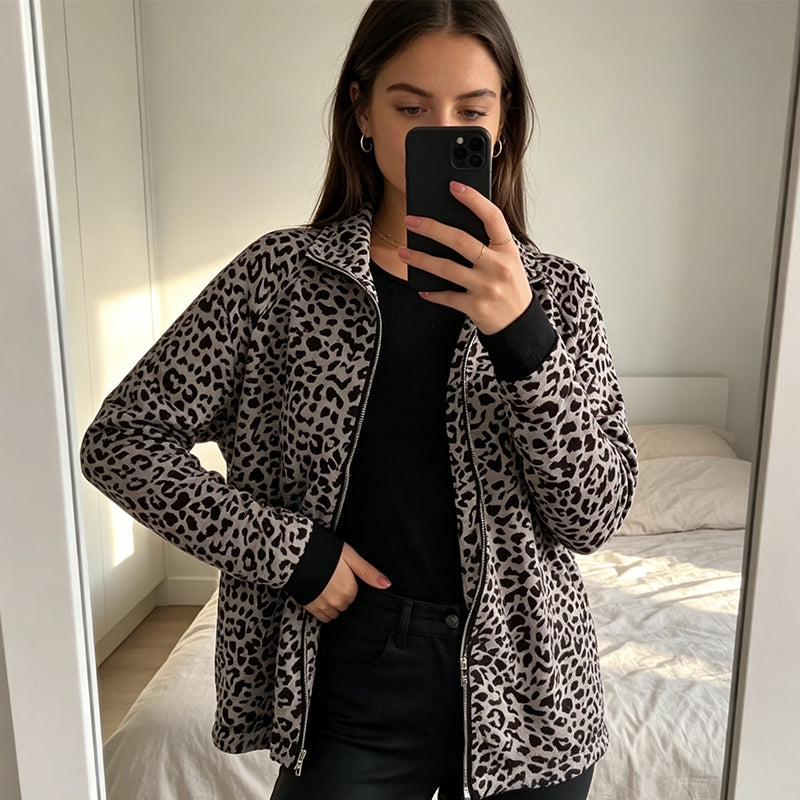 Women'S Leopard Print Zip-Up Jacket mysite