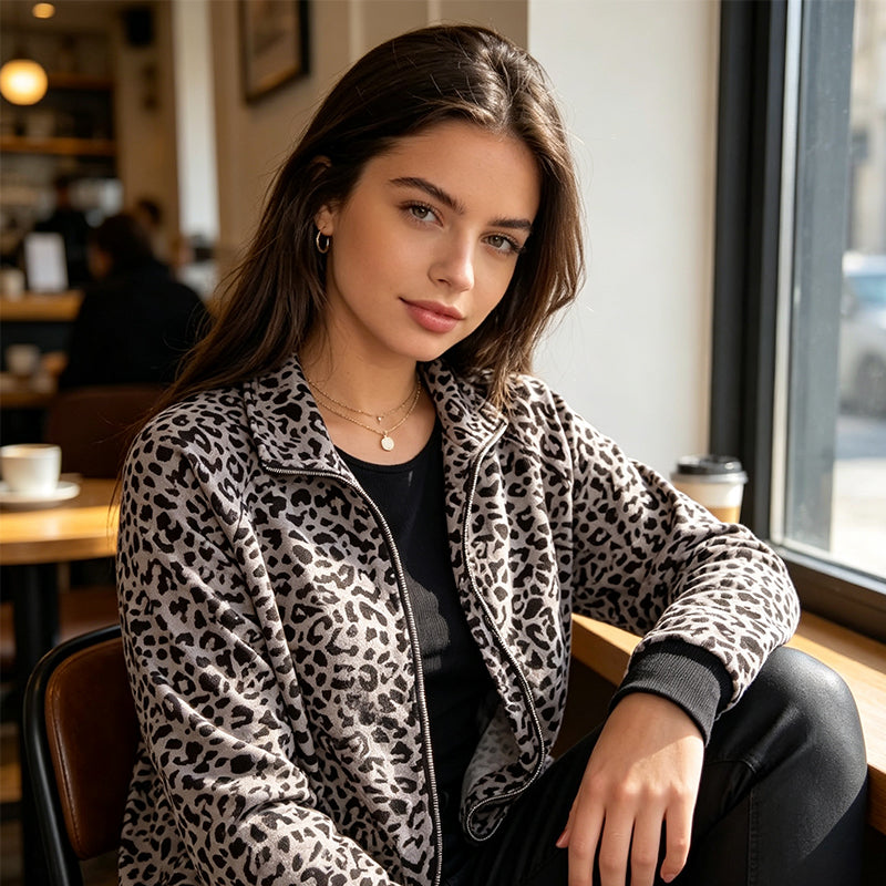 Women'S Leopard Print Zip-Up Jacket mysite