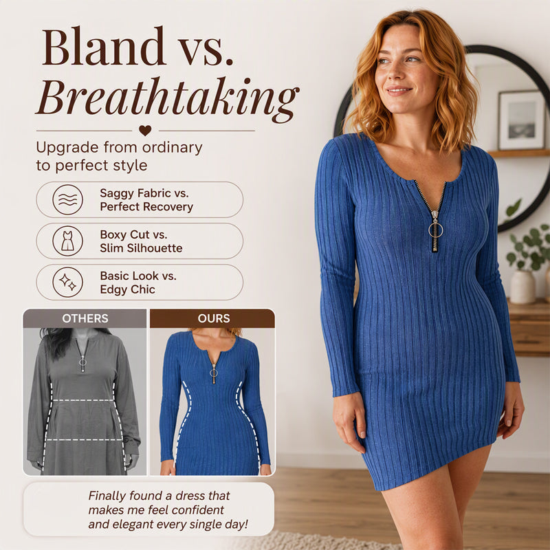 Women's Front Zipper Ribbed Knit Dress mysite
