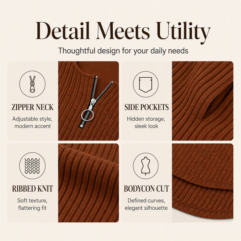 Women's Front Zipper Ribbed Knit Dress mysite