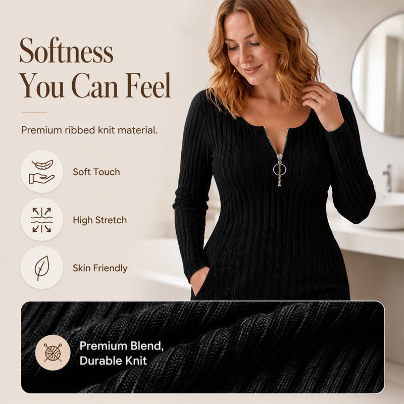 Women's Front Zipper Ribbed Knit Dress mysite