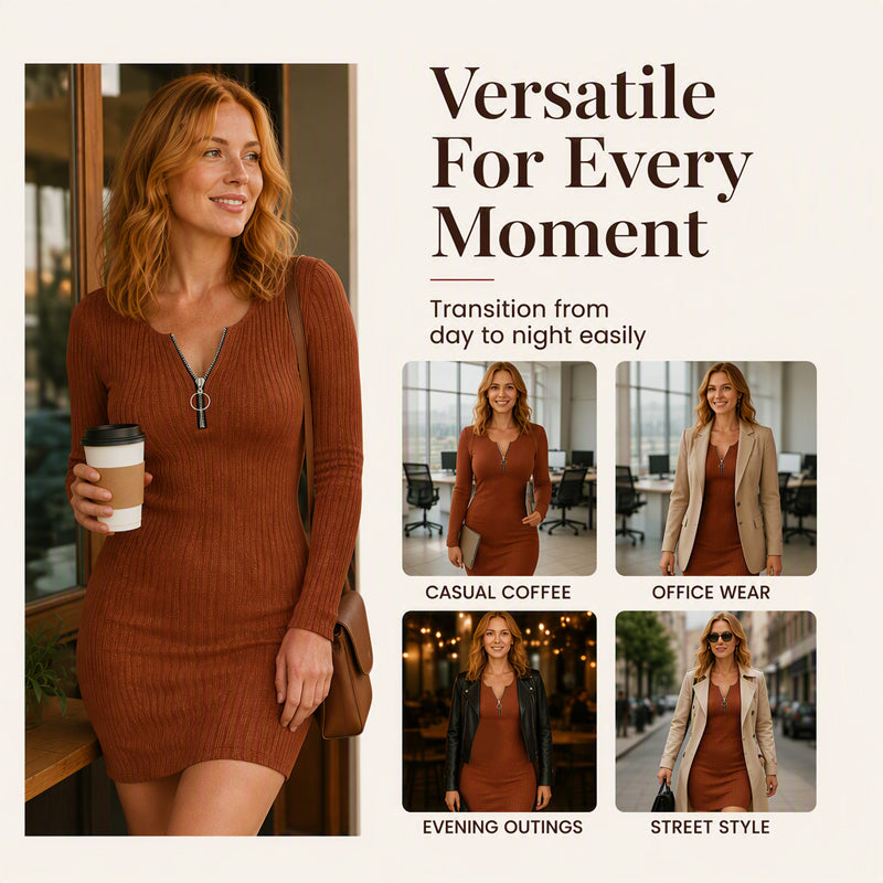 Women's Front Zipper Ribbed Knit Dress mysite