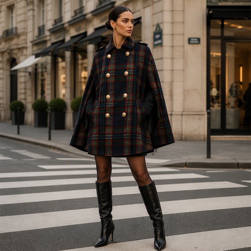 Women Vintage Plaid Cape Coat mysite