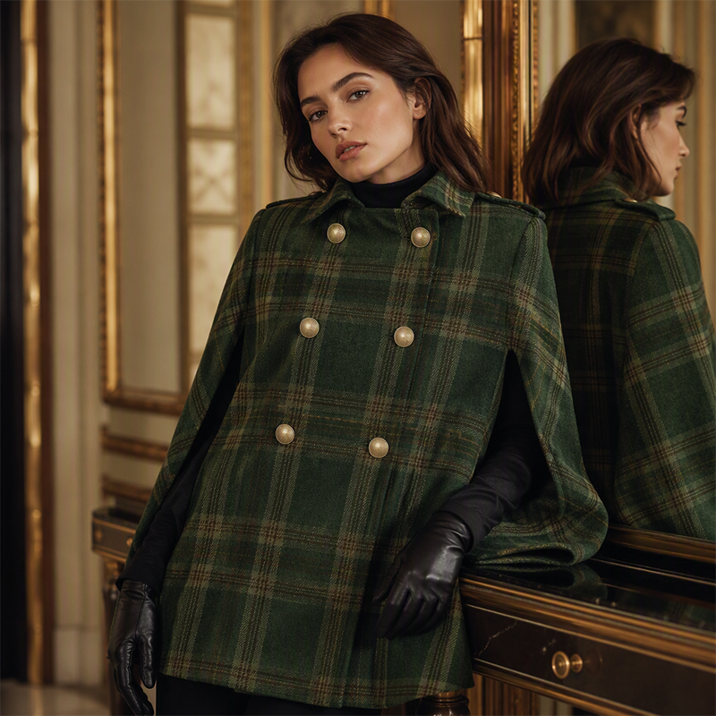 Women Vintage Plaid Cape Coat mysite