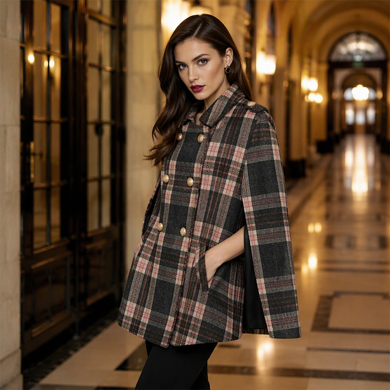 Women Vintage Plaid Cape Coat mysite