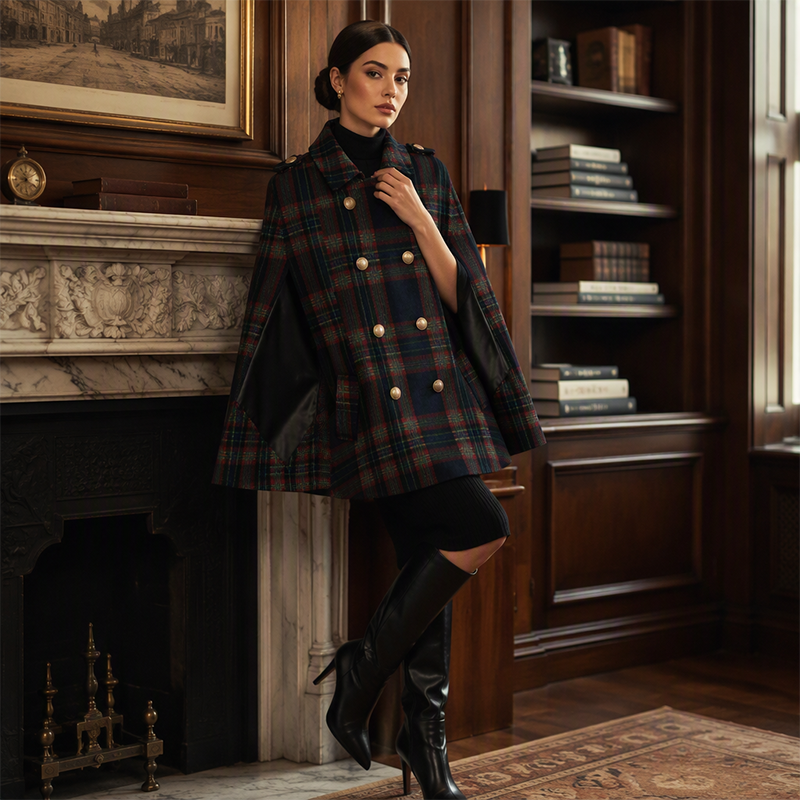 Women Vintage Plaid Cape Coat mysite