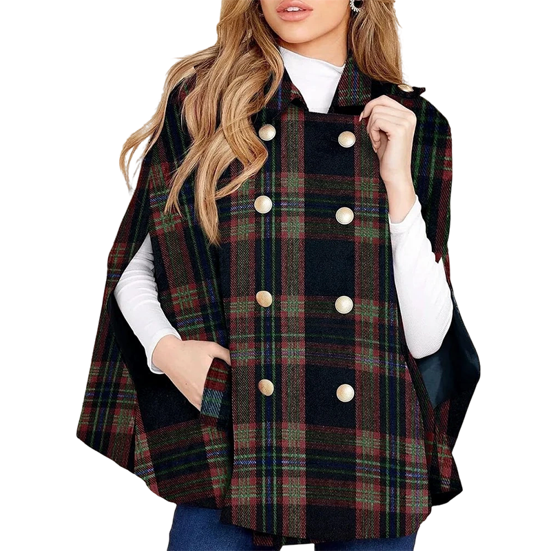Women Vintage Plaid Cape Coat mysite