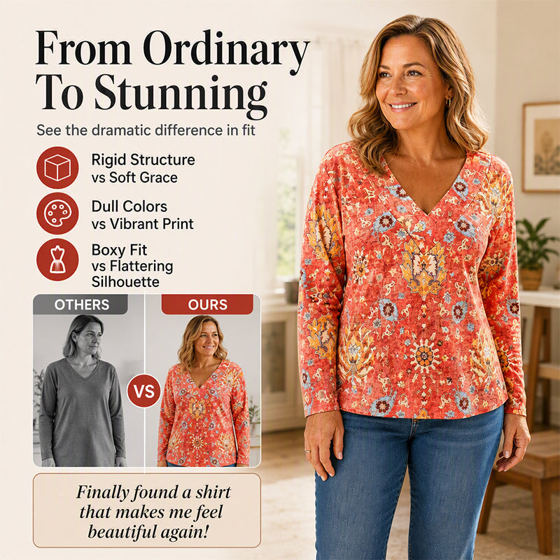 Women's Elegant Floral Print V-Neck Top mysite
