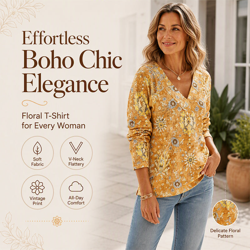 Women's Elegant Floral Print V-Neck Top mysite