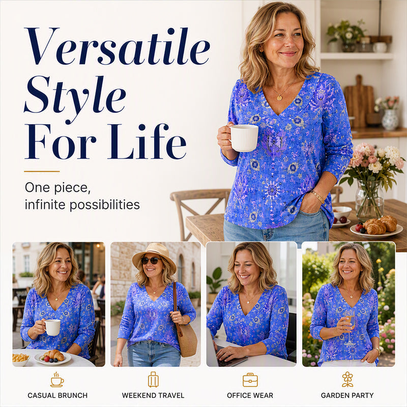 Women's Elegant Floral Print V-Neck Top mysite