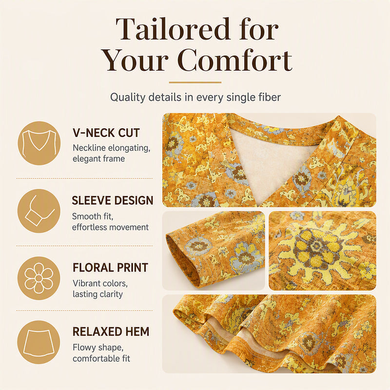 Women's Elegant Floral Print V-Neck Top mysite