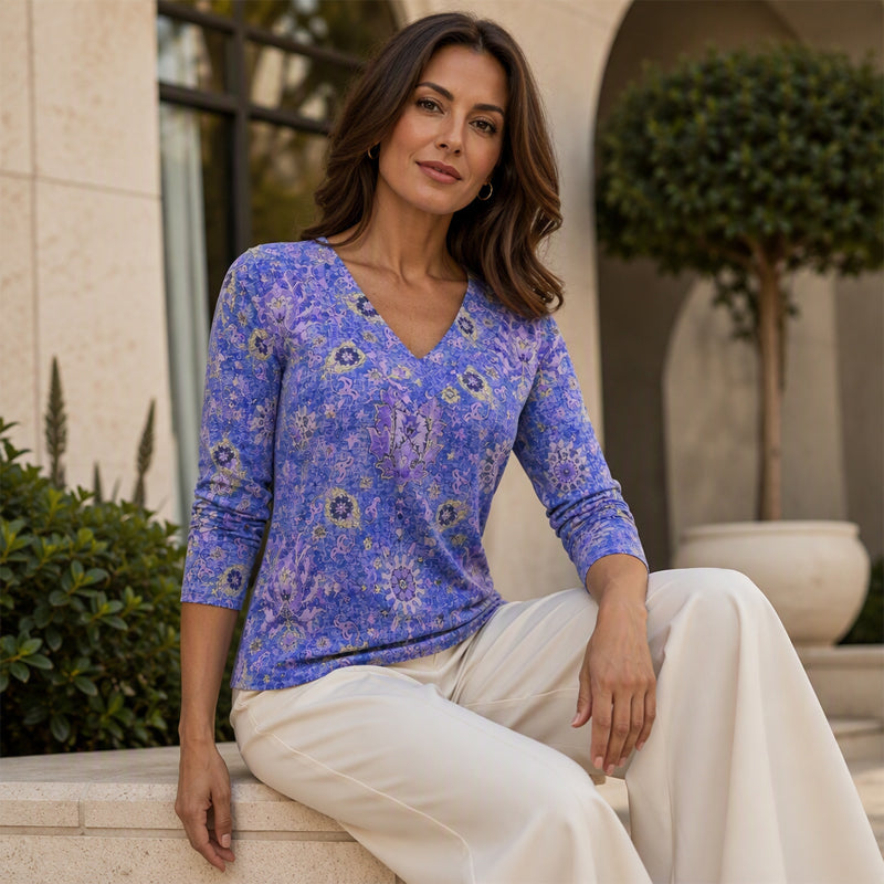 Women's Elegant Floral Print V-Neck Top mysite