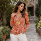 Women's Elegant Floral Print V-Neck Top mysite