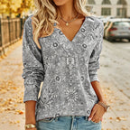 Women's Elegant Floral Print V-Neck Top mysite